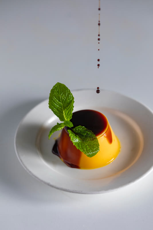 Vietnamese coffee flan with mint